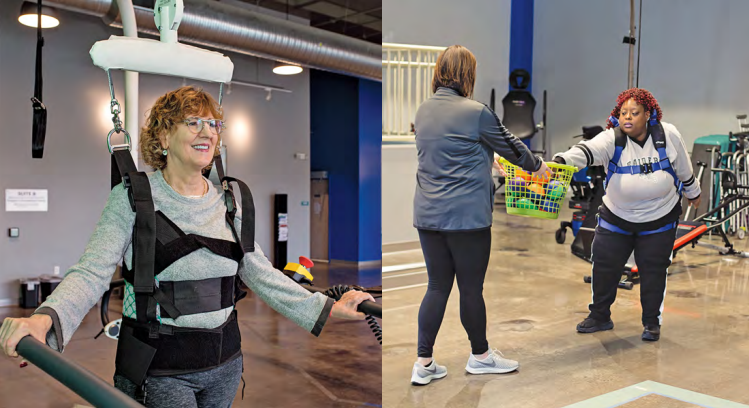 Training on the C-Mill, an augmented and virtual reality treadmill system. Client working with the Solo-Step overhead track and harness system